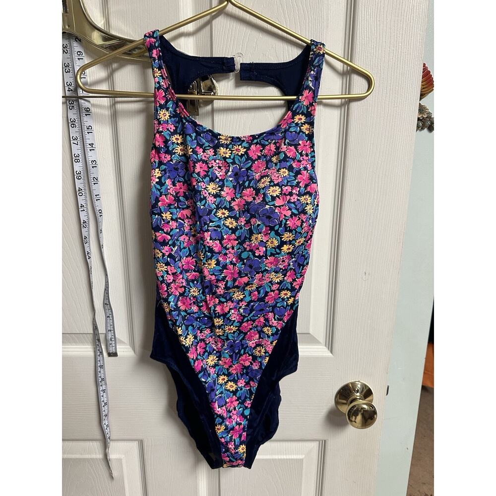 VNT 90s Baltex Body ID One-Piece Maillot Swimsuit Blue Floral Size 10 Razorback